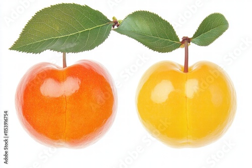 Two Ripe Mirabelle Plums with Leaves