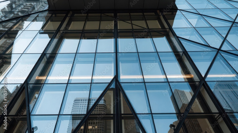 Obraz premium Geometric lines, sharp angles, glass facade, urban architecture, architectural photography, urban, elevation
