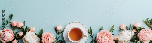 Elegant springtime high tea with floral arrangement and tea cup