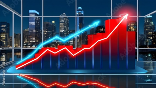 Sales Fluctuation Graph Over Nighttime Cityscape