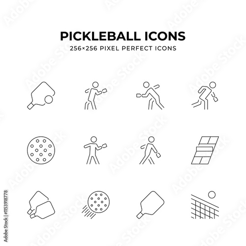 Clean line art icons depicting various aspects of pickleball including paddles balls players and the court Ideal for websites apps or any project related to pickleball Perfect 256x256 pixel dimensions