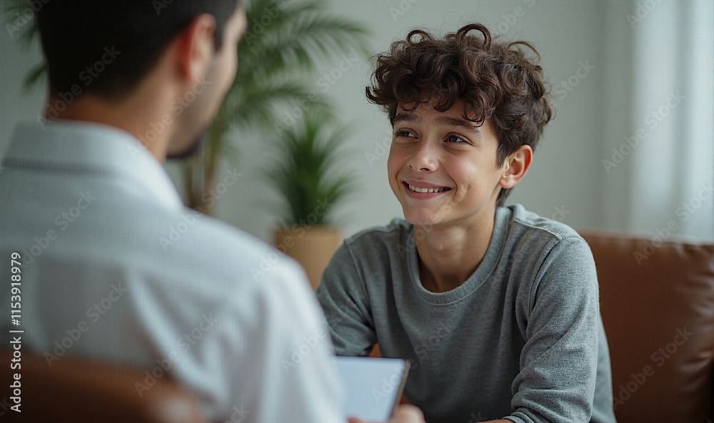 Fototapeta premium smiling young guy in a gray T-shirt at an appointment with a psychologist