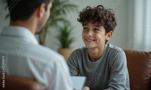 smiling young guy in a gray T-shirt at an appointment with a psychologist
