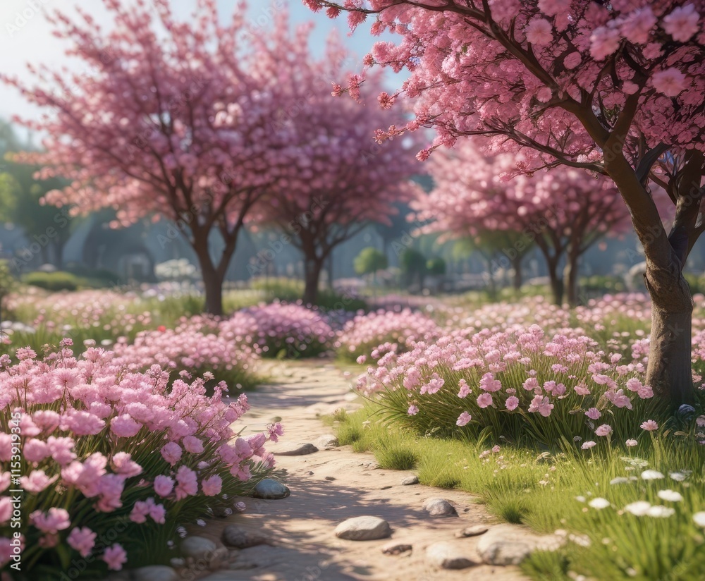Naklejka premium Spring flower garden with blooming pink blossoms, flower garden, petals, blossoms