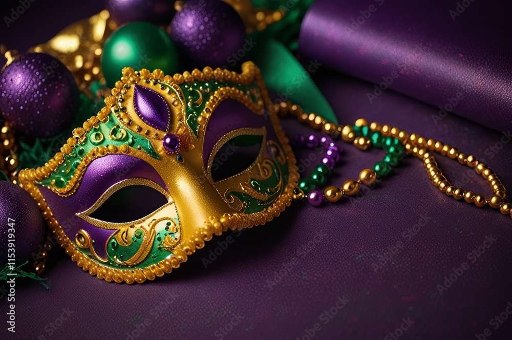 Golden carnival mask with purple feathers and beads on dark background Golden carnival mask with purple feathers and beads on dark background
