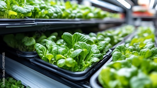 Rows of fresh green leafy vegetables in hydroponic system. photo