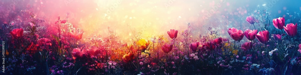 Vibrant Panorama of Tulip Fields in Full Bloom Under the Spring Sun Vibrant Panorama of Tulip Fields in Full Bloom Under the Spring Sun
