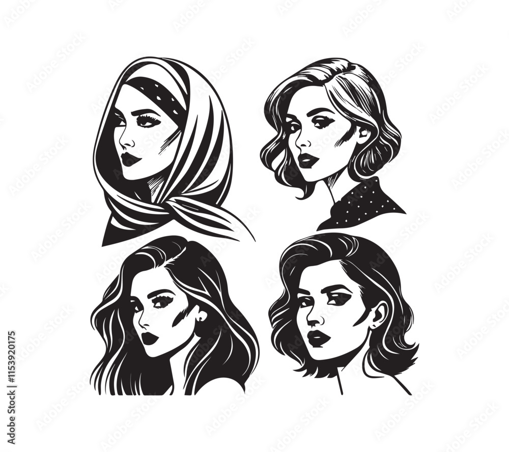 Set of stylized woman faces. Modern single line art. Woman beauty fashion concept, minimalistic style Black and white Set of stylized woman faces. Modern single line art. Woman beauty fashion concept, minimalistic style Black and white