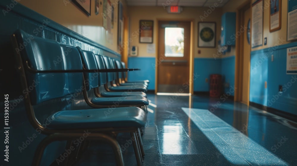 Empty blue chairs in a school hallway.