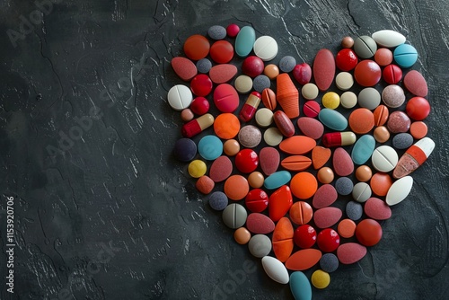 Assorted pharmaceutical medicine pills, tablets and capsules forming heart shape on dark background photo