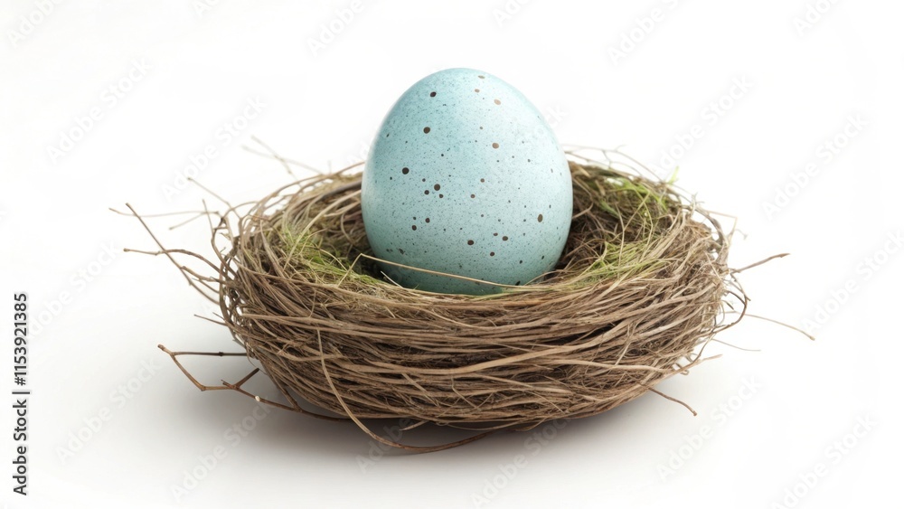 Blue Robin Egg Nestled in Natural Nest with Twigs and Grass Blue Robin Egg Nestled in Natural Nest with Twigs and Grass