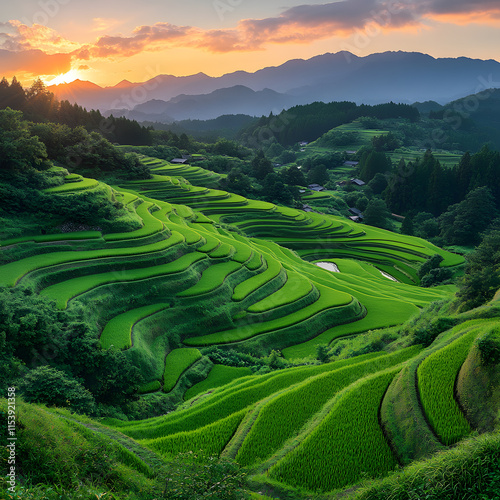 Lush green rice terraces illuminated by sunset in mountainous landscape