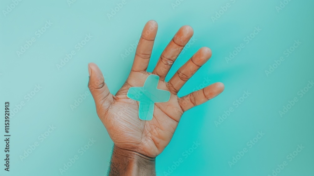 Teal cross shape in dark hand palm against teal background. Teal cross shape in dark hand palm against teal background.