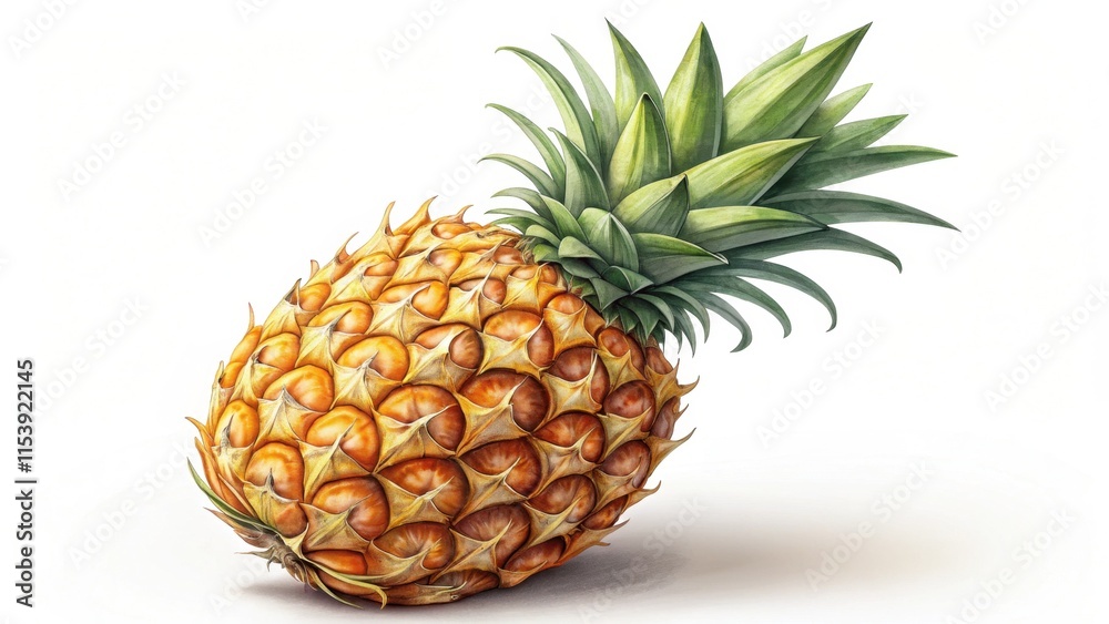 Ripe Pineapple with Spiky Green Leaves on a White Background Ripe Pineapple with Spiky Green Leaves on a White Background