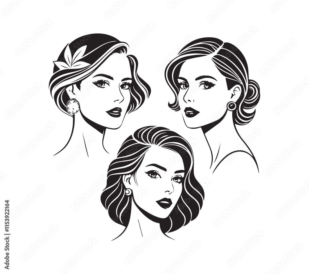 Set of stylized woman faces. Modern single line art. Woman beauty fashion concept, minimalistic style Black and white Set of stylized woman faces. Modern single line art. Woman beauty fashion concept, minimalistic style Black and white