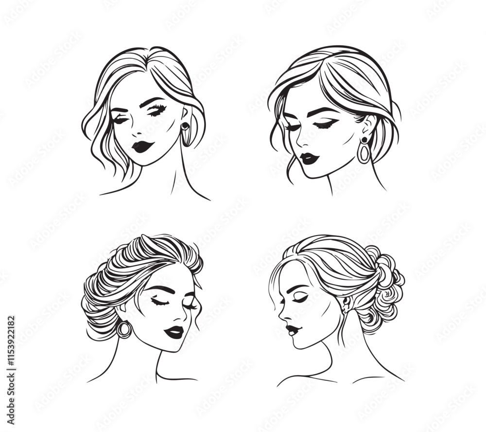 Set of stylized woman faces. Modern single line art. Woman beauty fashion concept, minimalistic style Black and white Set of stylized woman faces. Modern single line art. Woman beauty fashion concept, minimalistic style Black and white