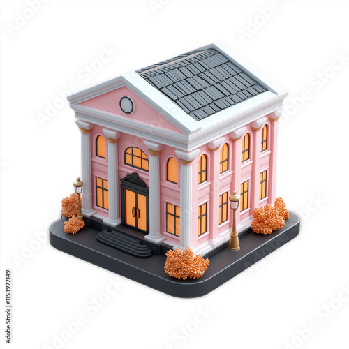 Pink bank building with columns and street lamps 3d illustration