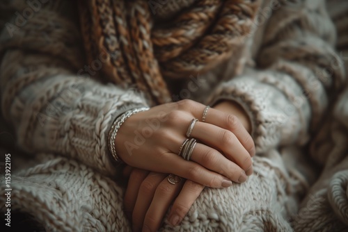 Cozy hands adorned with rings resting on a knitted sweater, embodying warmth and style in a tranquil atmosphere. photo