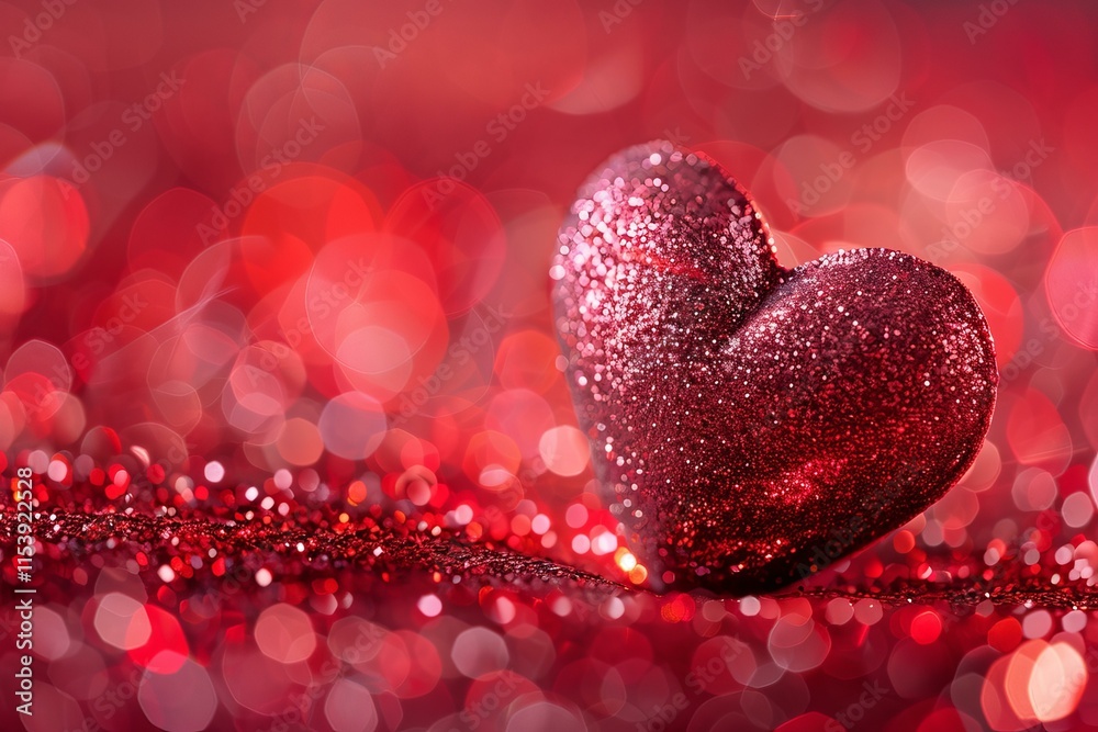 Red glittery heart is laying on a sparkly red background with bokeh effect, creating a romantic valentine's day atmosphere Red glittery heart is laying on a sparkly red background with bokeh effect, creating a romantic valentine's day atmosphere