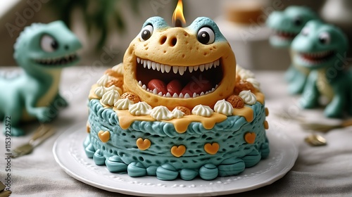 Dinosaur cake with lit candle, surrounded by figurines.