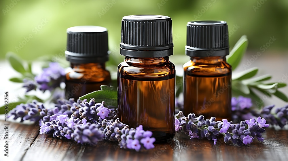 Three amber bottles of essential oil with lavender. Three amber bottles of essential oil with lavender.