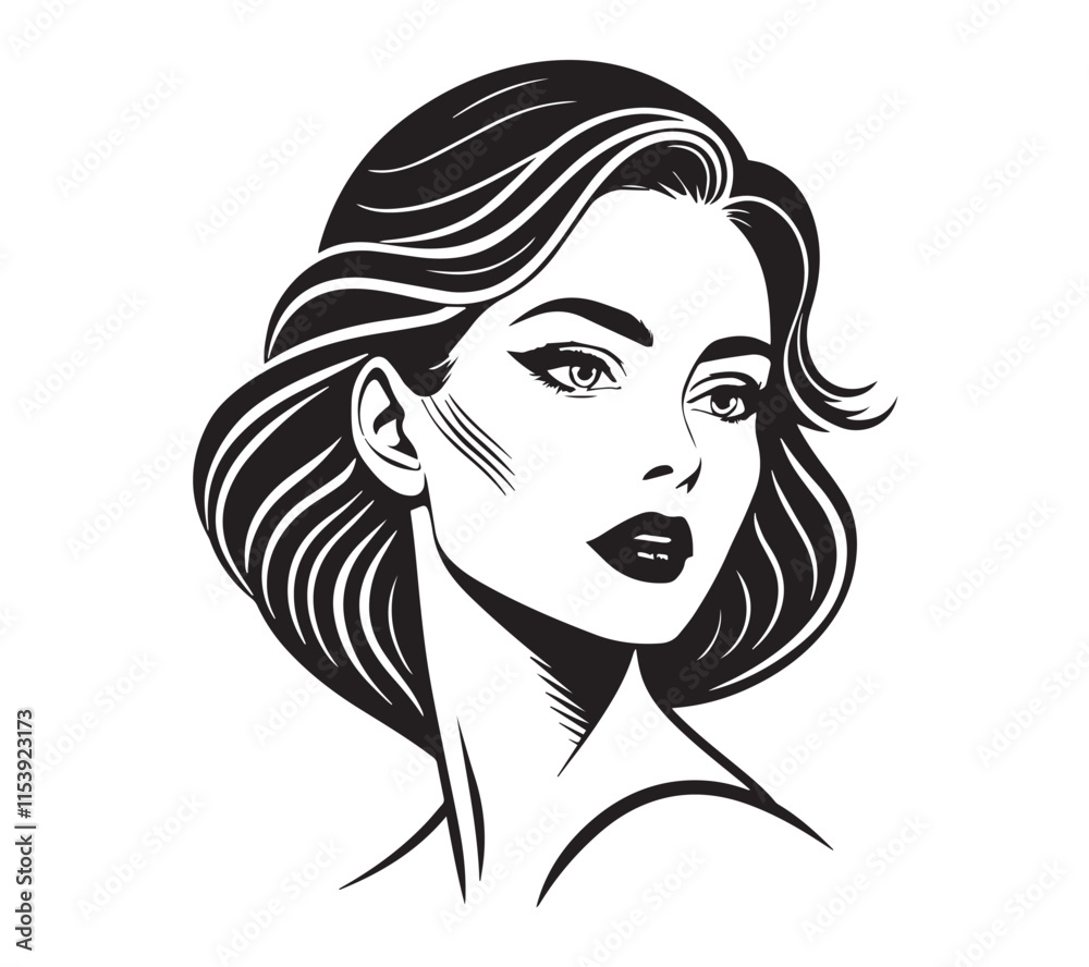 Set of stylized woman faces. Modern single line art. Woman beauty fashion concept, minimalistic style Black and white Set of stylized woman faces. Modern single line art. Woman beauty fashion concept, minimalistic style Black and white