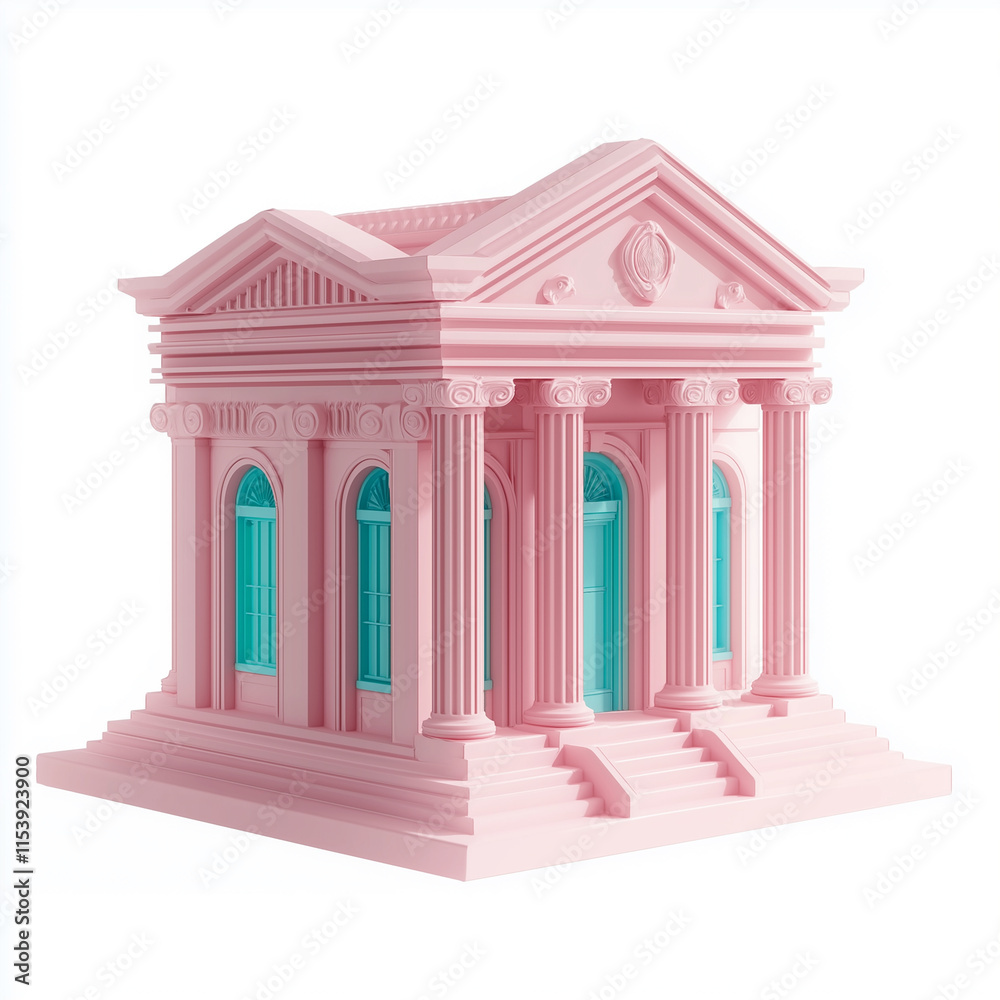 Pink bank building with turquoise windows standing on white background