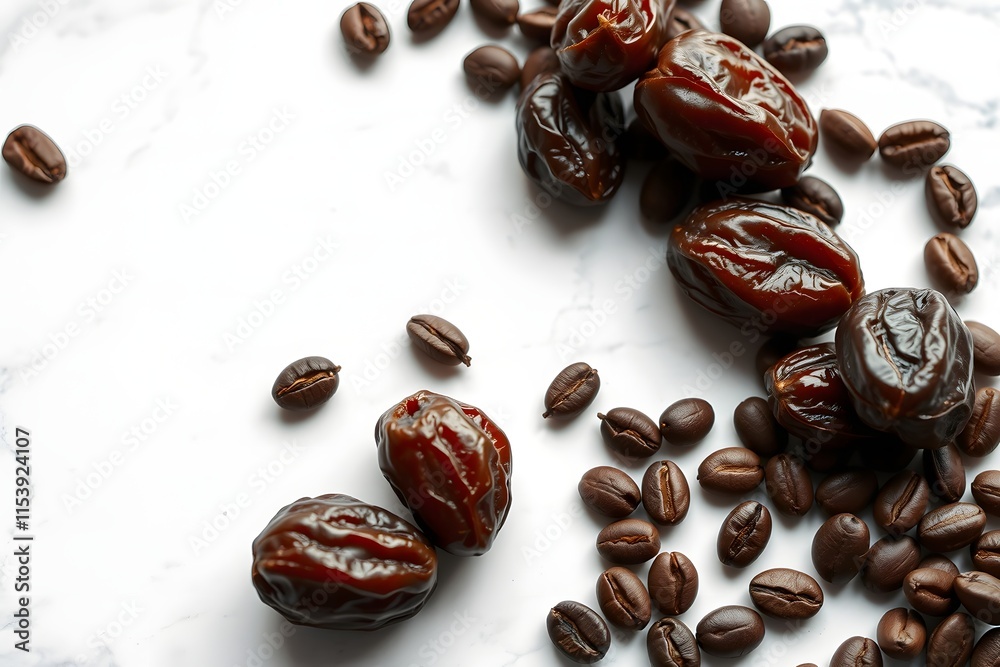A close-up of dates and coffee beans on a marble surface, suggesting a culinary theme. A close-up of dates and coffee beans on a marble surface, suggesting a culinary theme.