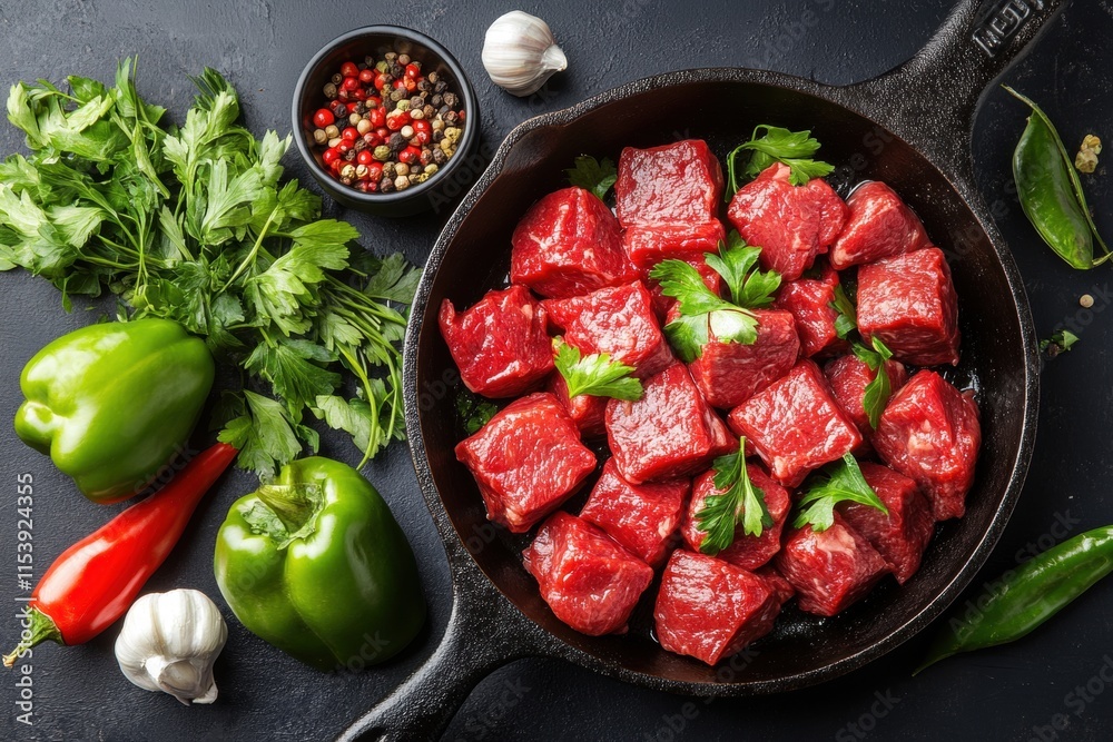 Raw Beef Cubes with Herbs and Spices in Cast Iron Pan
