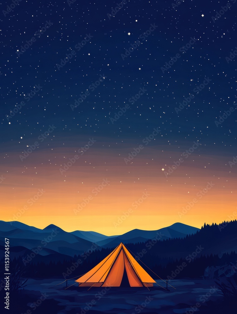 Starry night sky with a vibrant tent surrounded by mountains in peaceful wilderness. Generative AI Starry night sky with a vibrant tent surrounded by mountains in peaceful wilderness. Generative AI