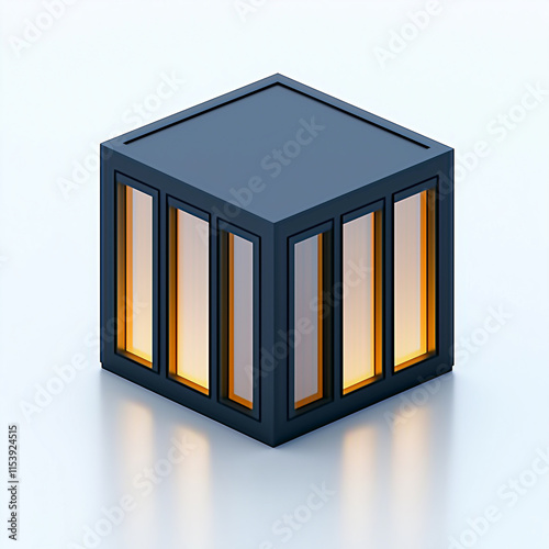 Modern minimalist cube house with glowing windows at night, 3d illustration
