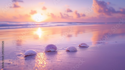 Tranquil Beach Scene at Sunset with Shells on Sandy Shoreline