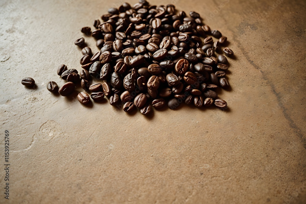 A pile of roasted coffee beans on a textured surface. A pile of roasted coffee beans on a textured surface.