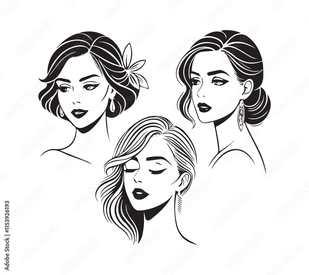 Set of stylized woman faces. Modern single line art. Woman beauty fashion concept, minimalistic style Black and white Set of stylized woman faces. Modern single line art. Woman beauty fashion concept, minimalistic style Black and white