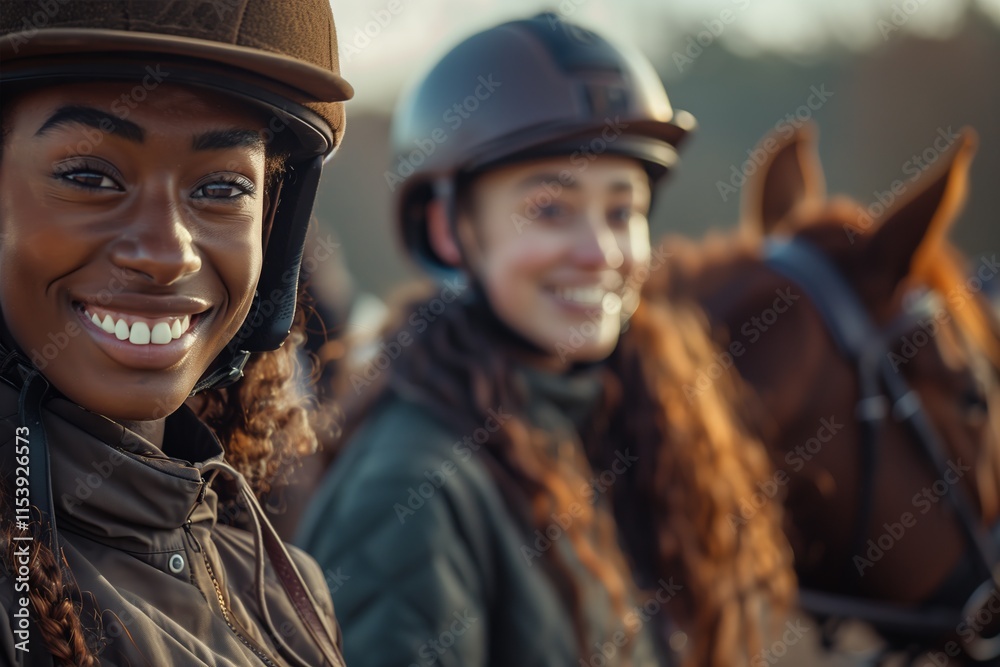 Joyful riders smiling at the camera, surrounded by their horses during a sunny day at the stables. Joyful riders smiling at the camera, surrounded by their horses during a sunny day at the stables.