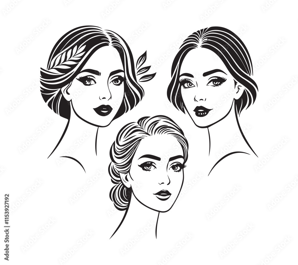 Set of stylized woman faces. Modern single line art. Woman beauty fashion concept, minimalistic style Black and white Set of stylized woman faces. Modern single line art. Woman beauty fashion concept, minimalistic style Black and white