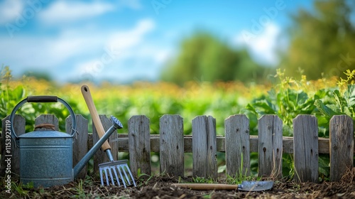 Garden Tools and Watering Can by Wooden Fence in Lush Field photo