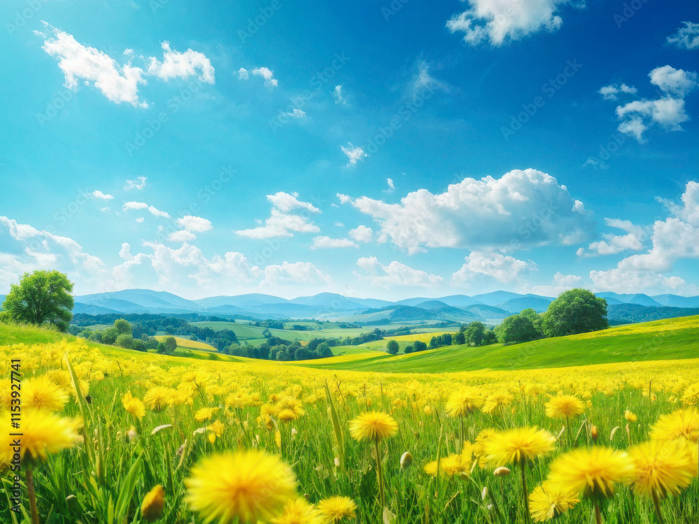 Obraz premium A vibrant meadow filled with blooming yellow dandelions under a bright blue sky and fluffy white clouds, radiating tranquility. Generative AI