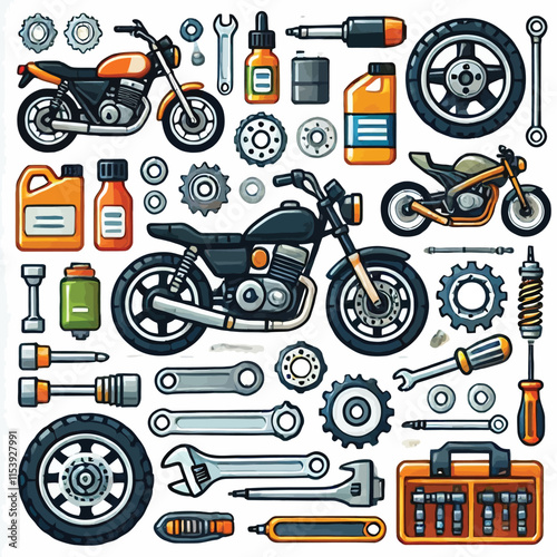 motorcycle repair parts set flat vector illustration