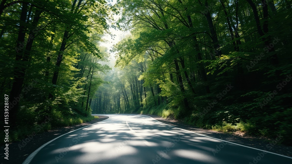 Obraz premium Serene Winding Road Through Lush Green Forest Canopy