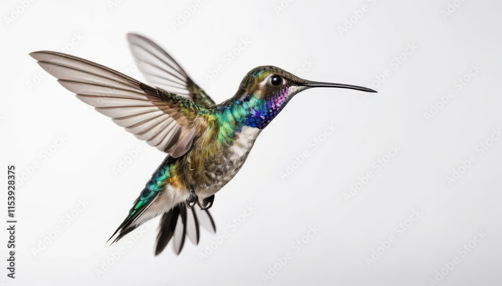 Fototapeta premium Vibrant hummingbird in flight against a white background