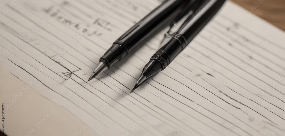 Close-up of lined paper, fountain pen, and pencil, pencil marks on paper, handwriting, writing instrument Close-up of lined paper, fountain pen, and pencil, pencil marks on paper, handwriting, writing instrument