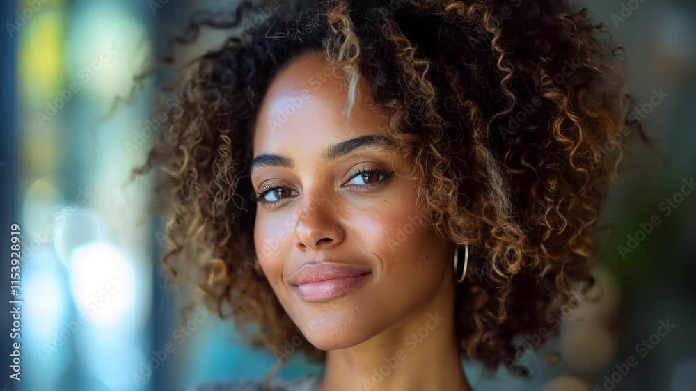 Happy African American woman with curly hair enjoys modeling in a bright, lively setting during a sunny day