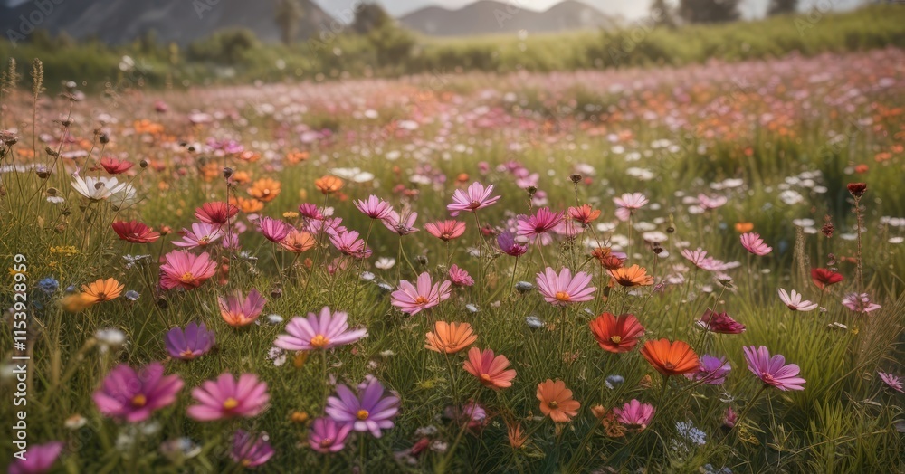 Fototapeta premium Colorful cosmos flowers in a vast field with tall grasses and wildflowers, floral fields, flower fields, colorful blooms