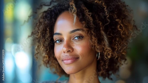 Happy African American woman with curly hair enjoys modeling in a bright, lively setting during a sunny day