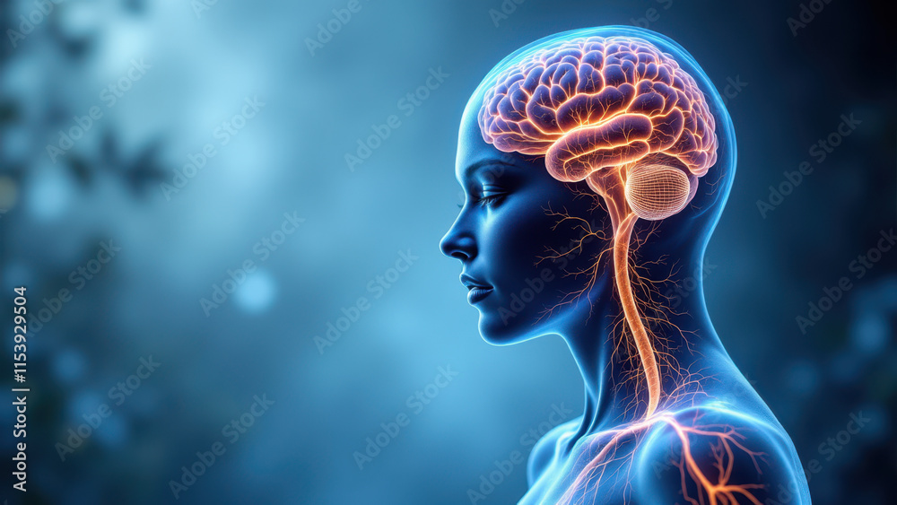An anatomical visual representation of a person's head with Vagus Nerve Stimulation (VNS) highlighted in blue hues. An anatomical visual representation of a person's head with Vagus Nerve Stimulation (VNS) highlighted in blue hues.