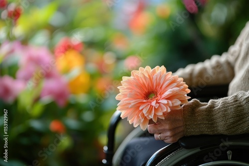 Peaceful Moment in a Garden with Flower and Wheelchair photo