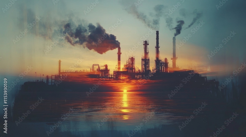 Industrial oil refinery at sunset coastal location atmospheric imagery urban environment wide-angle view pollution awareness Industrial oil refinery at sunset coastal location atmospheric imagery urban environment wide-angle view pollution awareness