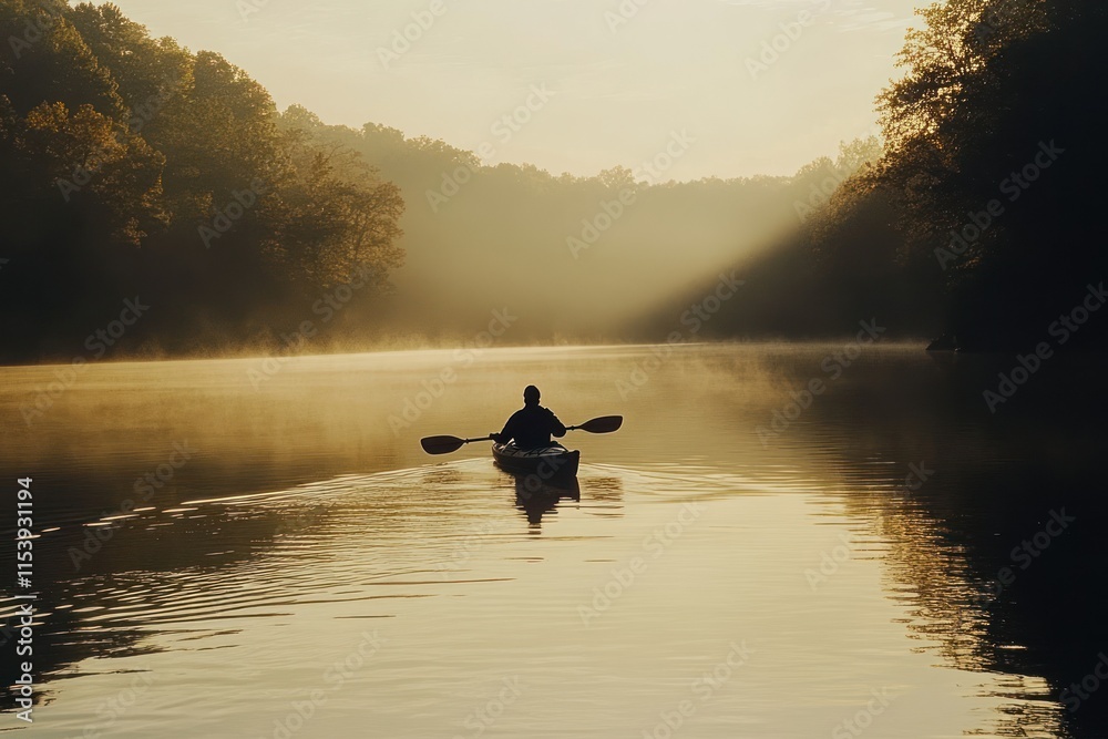 Solitary Kayaker on Calm Waters at Sunrise Solitary Kayaker on Calm Waters at Sunrise