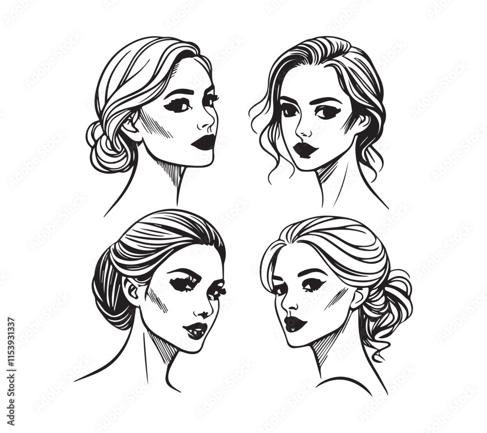 Set of stylized woman faces. Modern single line art. Woman beauty fashion concept, minimalistic style Black and white Set of stylized woman faces. Modern single line art. Woman beauty fashion concept, minimalistic style Black and white